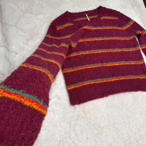Free People Alpaca Blend Sweater Womens M Burgundy Striped Boucle Boho Pullover